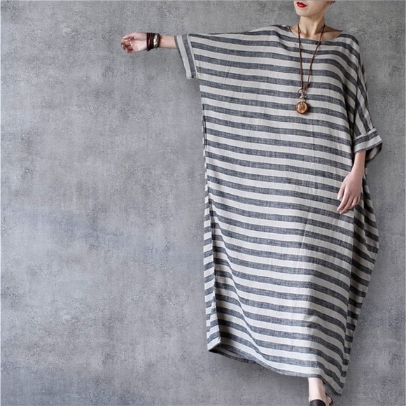 Linen Cotton Striped Caftan Maxi Dress Batwing Pockets Oversized OSFM 32” x 45” - Picture 14 of 16